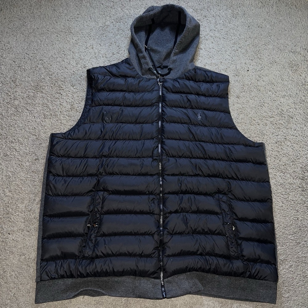 Polo Ralph Lauren Puffer Vest Mens XLT Outdoor Black Gray Hooded Pony Duck Down